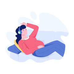 A pregnant woman enjoy music, a flat style illustration