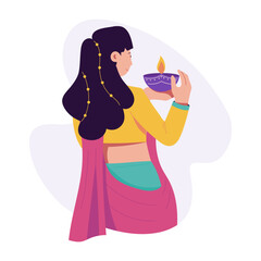 Indian woman celebrating diwali event, flat illustration 