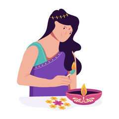 A woman burning lamp, flat illustration 