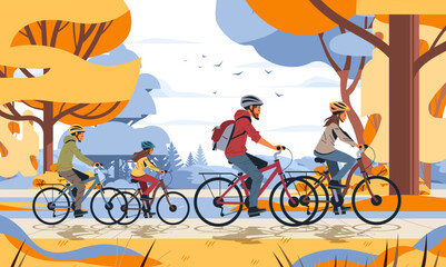 Family biking outdoor activity autumn park trees colorful landscape birds sky website banner