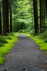 Fototapeta premium A Quiet Nature Trail Lined With Tall Trees And Soft Moss. The Serene Setting Promotes Mindfulness And Connection