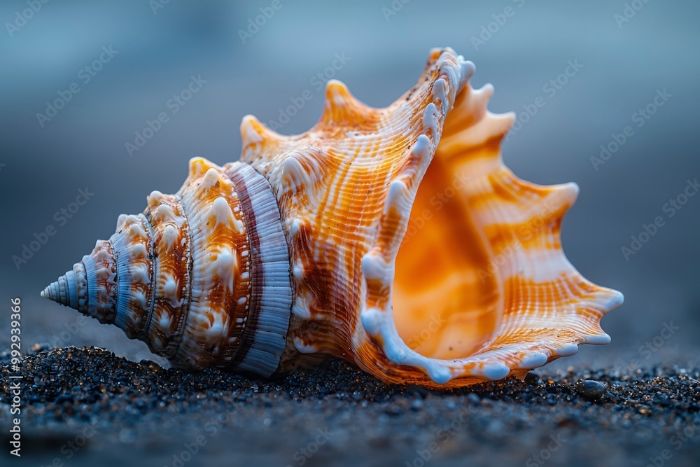 Wall mural closeup of a large seashell on black sand