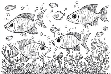 Fototapeta premium Simple coloring page of a school of fish in the ocean, perfect for young artists