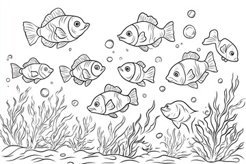 Obraz premium Playful school of fish in the sea, surrounded by coral and plants, perfect for creative kids