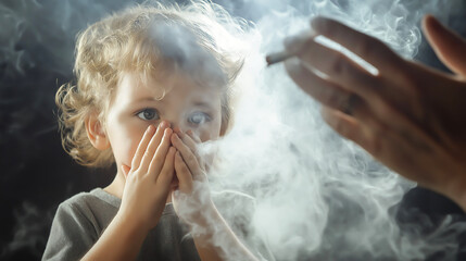 A little child covering their nose with their hand, displaying a disgusted expression as they react to the smell of cigarette smoke