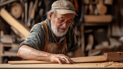 Elderly carpenter working meticulously on a woodworking project in a rustic workshop, wearing an apron and cap, surrounded by tools and wood.