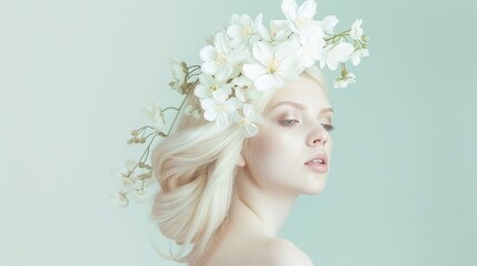Fototapeta premium Blonde girl with flowers in her hair on a light background 