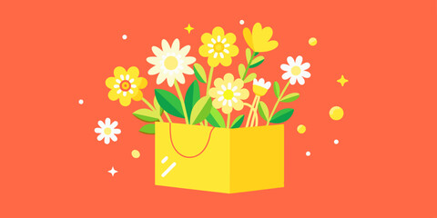 Spring bouquet in a yellow paper bag: vibrant daisies with green foliage on a pastel orange background perfect for greeting cards, floral designs, and spring-themed illustrations.