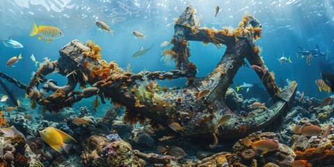 Enormous anchor from a sunken cruise ship, covered in marine growth and surrounded by fish.