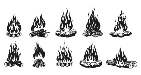 Campfire black monochrome set wood stone fireplace flame with firewood isometric vector