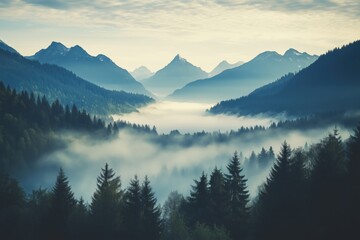 Obraz premium A vast valley covered in a dense layer of fog, with distant mountains glittering in the soft sunlight