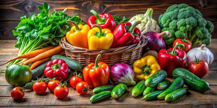 Freshly harvested parval vegetables scattered across a wooden table, offering a colorful array for nutritious meal