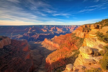 Vast canyon at sunrise, with the light bathing the landscape in deep, rich colors