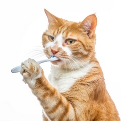A ginger cat brushes its teeth with a toothbrush