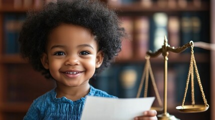 Cute dark skinned child smiling and holding court paper on table scales