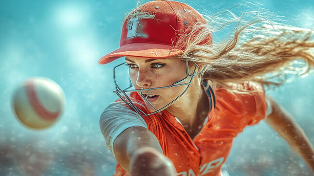 Female athlete in action, showcasing determination and skill in a fast-paced baseball game, with a dynamic, energetic atmosphere. - Powered by Adobe