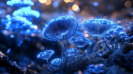 Enchanted forest with luminescent blue mushrooms glowing in the dark, creating a magical and ethereal atmosphere.