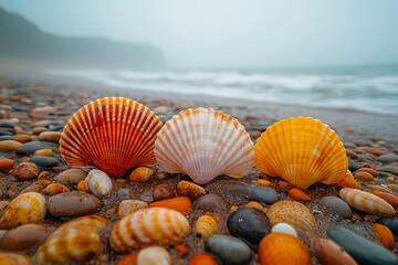 Three Colorful Seashells on a Pebbled Beach