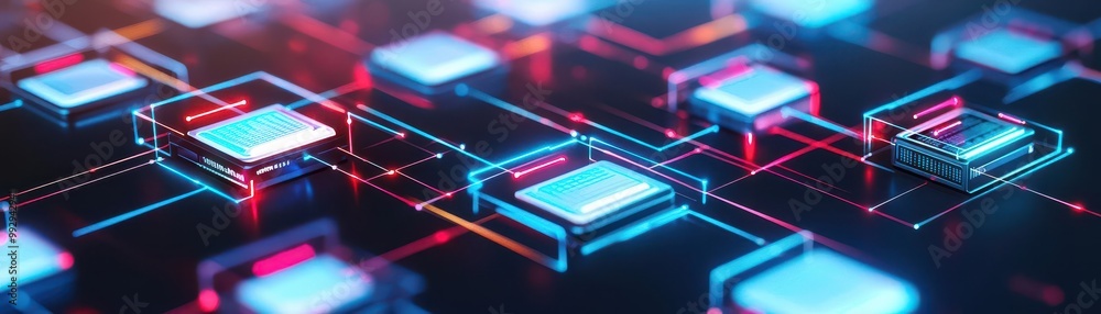 Poster Digital devices connected in a network, seamless data transfer, 3D illustration