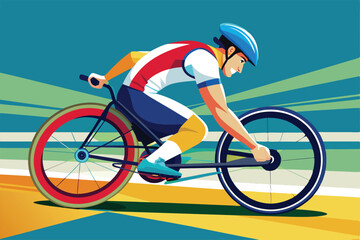 Fototapeta premium A cyclist races forward, capturing the spirit of paralympic competition in a colorful and energetic design, Customizable Paralympic cycling illustration