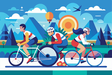 Three paralympic cyclists are racing through a colorful landscape filled with nature and sunshine, Customizable Paralympic cycling illustration