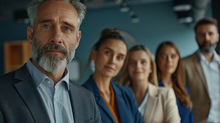 Obraz premium Business team in a boardroom, reflecting success and unity as they stand together, showcasing the power of teamwork in achieving professional excellence