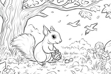 Fototapeta premium Coloring page of a squirrel collecting acorns, surrounded by birds and trees