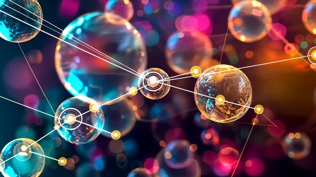 Network connecting transparent earth globes inside bubbles