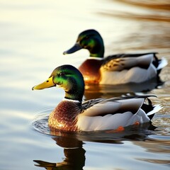 Obraz premium Two mallard ducks swimming peacefully in calm water, with reflections of the birds on the surface during a tranquil moment.