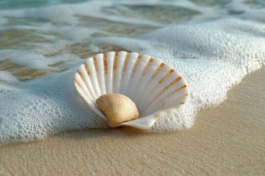 A Scallop Shell Resting on a Sandy Beach With Foamy Water