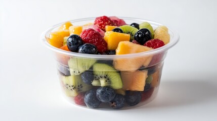 Fresh fruit salad in clear plastic container. Assorted berries, kiwi, and melon slices for a healthy snack. Perfect for summer.