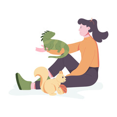 A woman animal lover, a flat style illustration 
