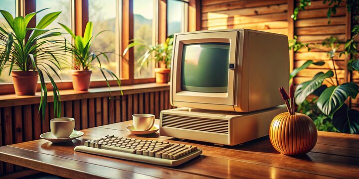 In a cozy workspace, a vintage Apple computer and classic monitor rest on a wooden desk, radiating retro