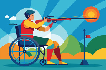 A shooter in a wheelchair targets the sun during a practice session in a colorful landscape, Customizable Paralympic shooting illustration