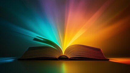 Glowing open book with flowing neon pages, color symbolism, emotional impact, visual storytelling, media psychology, creative publishing