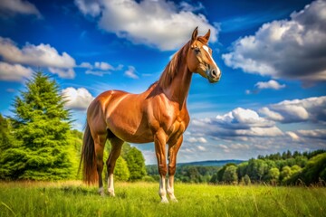 In a picturesque pastoral scene, an elegant Sue Vanner horse stands poised, framed by lush green grass and