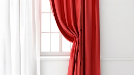 Isolated elegant red curtain hanging over a window, with a white background
