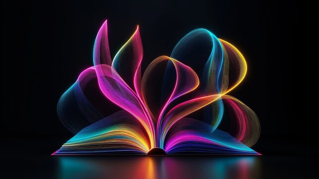 Open book with neon flowing shapes, diversity in education, colorful learning, inclusive knowledge, global perspectives, creativity and growth