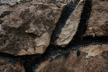 Intricate details of cracked rock formations showcasing natural textures and colors in a rugged outdoor environment during daylight