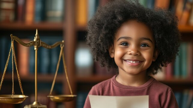 Cute dark skinned child smiling and holding court paper on table scales