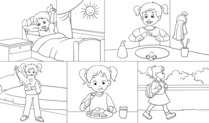 A little girl's daily routine. Coloring exercise.