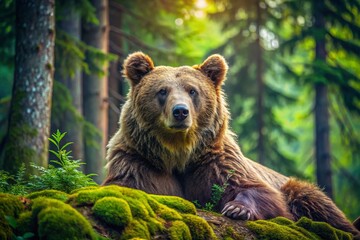 Fototapeta premium In a serene forest alive with vibrant greenery, a majestic speckled bear rests peacefully, embodying tranquility as