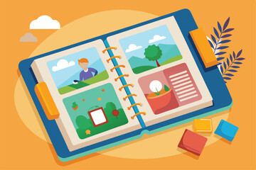 Naklejka premium A customizable album displays colorful illustrations of nature and outdoor moments, inviting creativity, Customizable photo album with semi-flat illustrations.