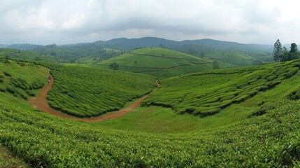 Fototapeta premium A panoramic view of lush green tea plantations on rolling hills under a cloudy sky.