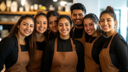 Group of happy young coffee shop baristas smiling and wearing aprons, standing together behind counter in trendy modern cafe.