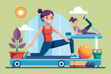 Two women engage in pilates exercises indoors, enjoying a bright and cheerful atmosphere with plants, Customizable Pilates Cartoon Illustration