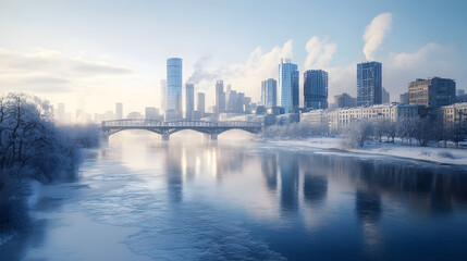 Obraz premium A Modern Skyline Along a Frozen River with Glass Skyscrapers and Snow-Covered City Under a Blanket of Winter Snow