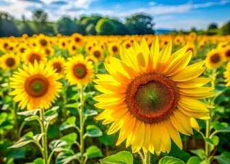 Obraz premium In a stunning painting, bright yellow sunflowers blossom abundantly, complemented by a rich green background, capturing