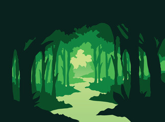 Abstract green forest scenery vector illustration landscape background silhouette.