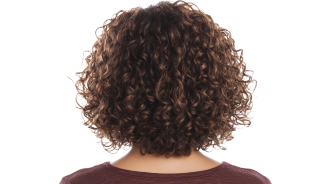 Back view of a person with short, curly brown hair. Isolated on a white background. - Powered by Adobe